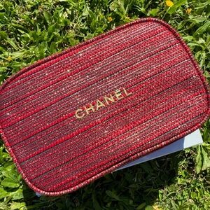 CHANEL Red Tweed Zip Cosmetic Case with Gold Logo